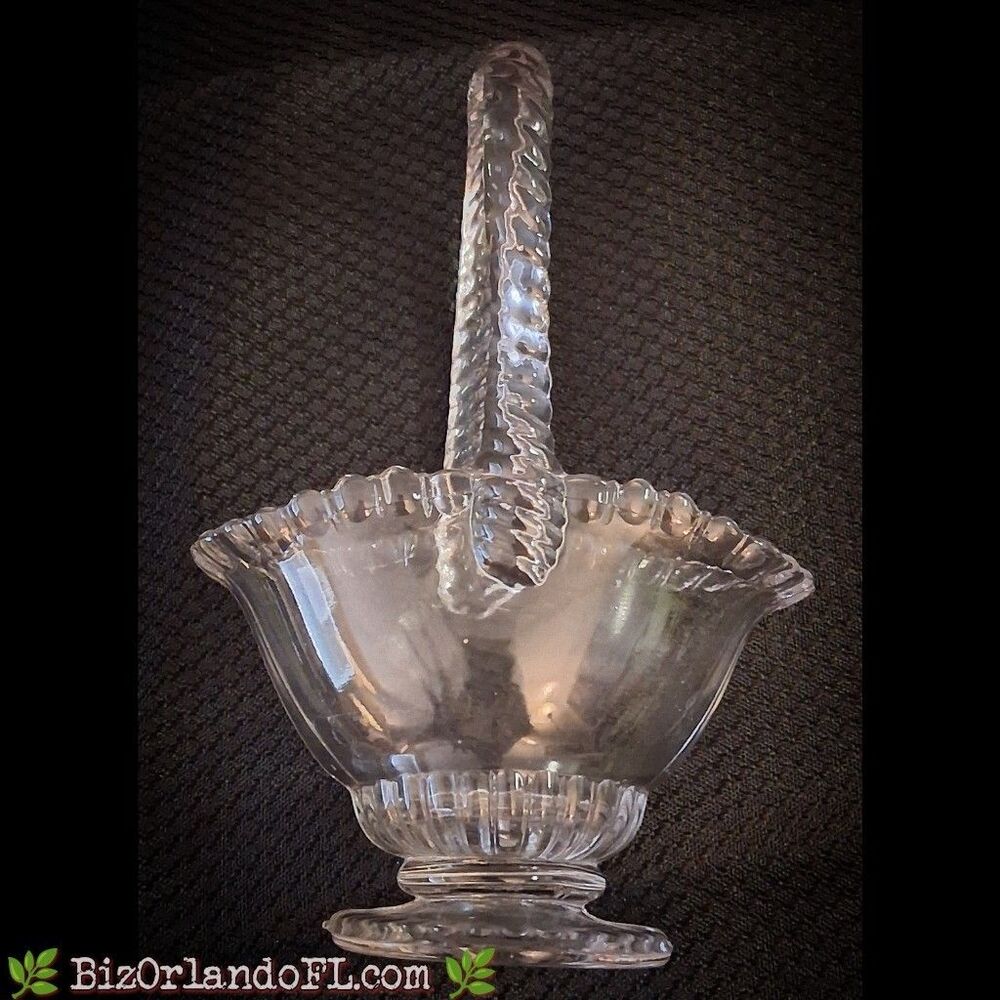 VINTAGE: Duncan & Miller 6" Glass Brides Basket Braided Handle Ribbed Base 1920s
